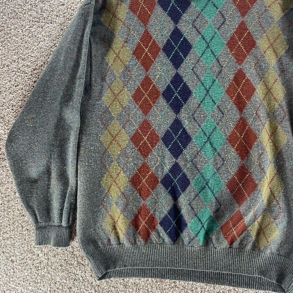 Pure New Wool Sweater Men Extra Large Gray Argyle Diamond Crew Neck Pullover VTG - Picture 5 of 10